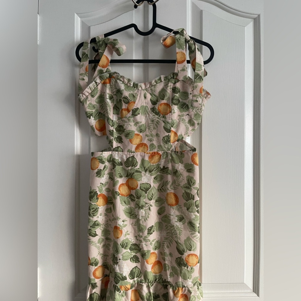 Cider Peach Print Tie-Strap Midi Dress in Cream and Green
